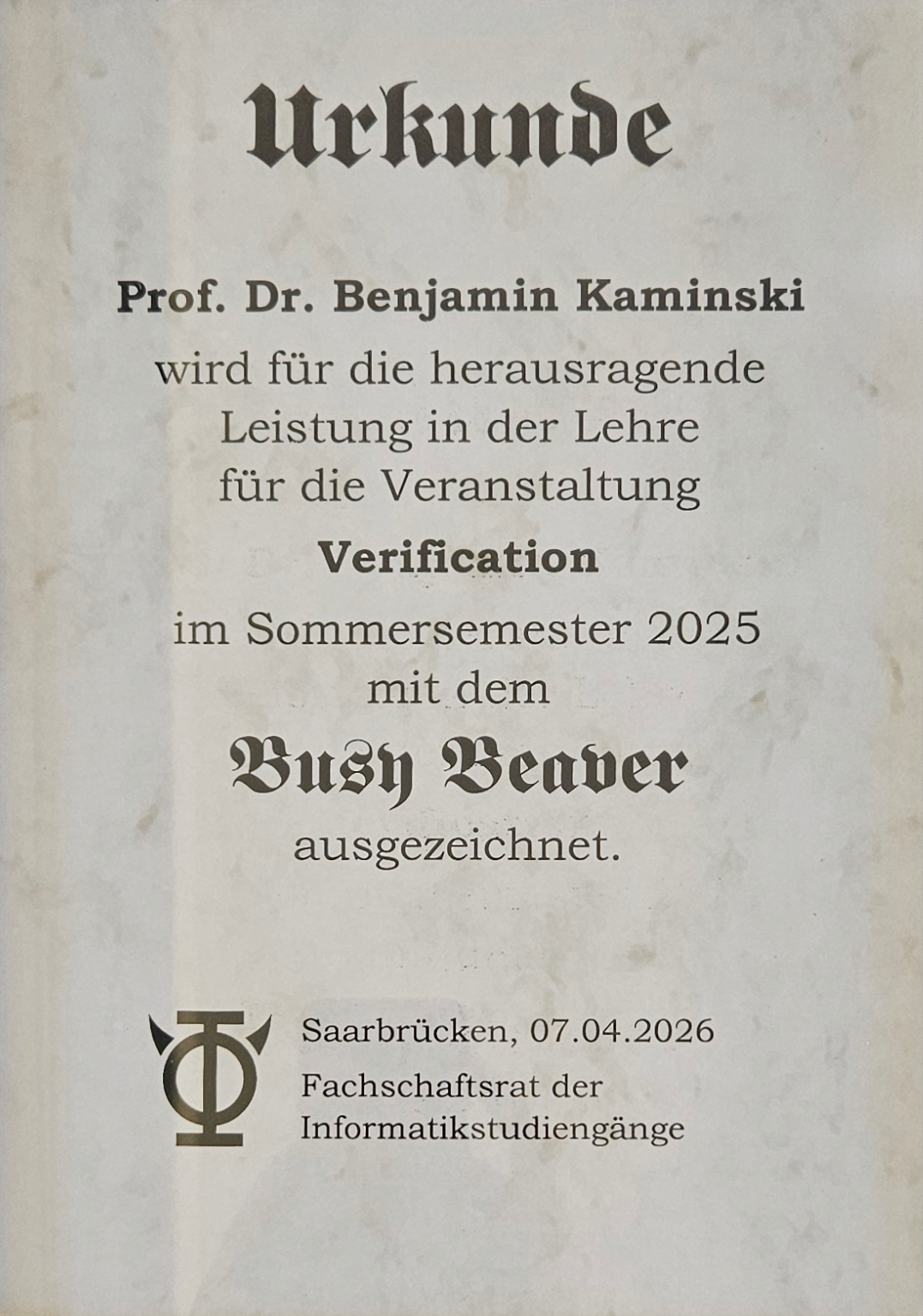 Busy Beaver Award for “Verification” lecture